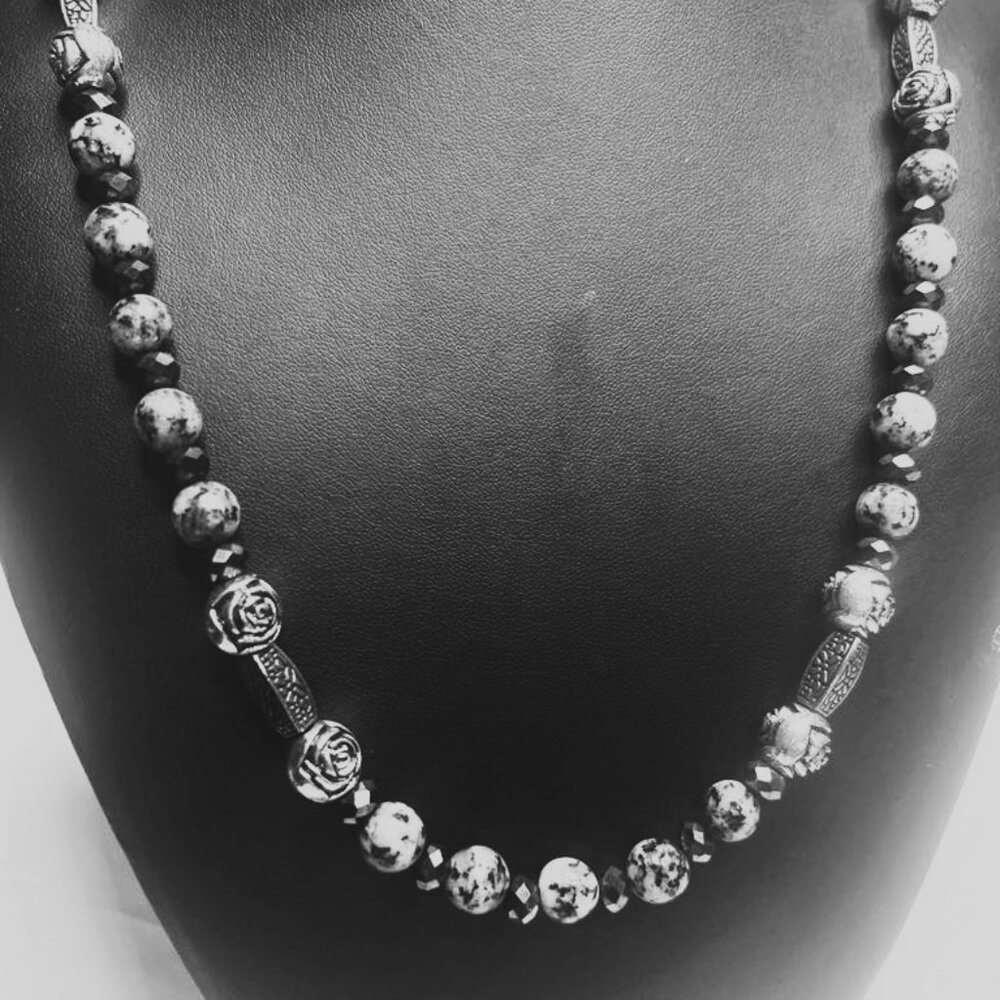 Dalmatian Jasper & Rose Beads Necklace Handmade Designer Jewelry NWT